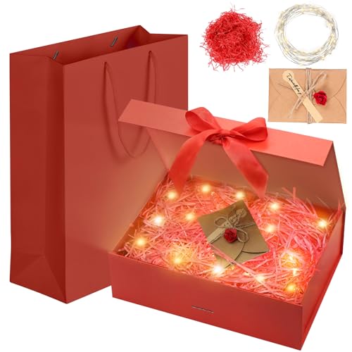 Idota Caja de Regalo con Tapa, Caja de Regalo roja con Lazo, Bolsa, Cinta, luz, Rafia, Tarjetas de felicitación, Cajas de Regalo para Bodas, cumpleaños, Navidad, Aniversario