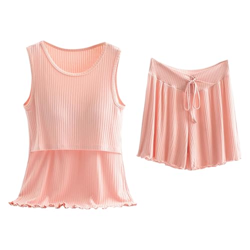 Pijama de lactancia para mujer de algodón, pijama corto, sin mangas, camiseta de lactancia + pantalón, pijama de maternidad de dos piezas, función de lactancia, ropa de dormir corta para embarazo