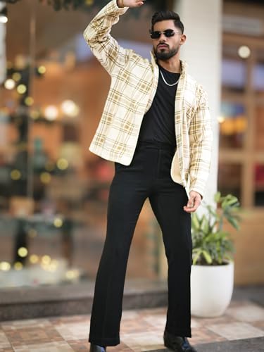 Image of Maniac Mens Checkered Full Zipper Fullsleeve Polyester Blend Fleece Shacket for Men