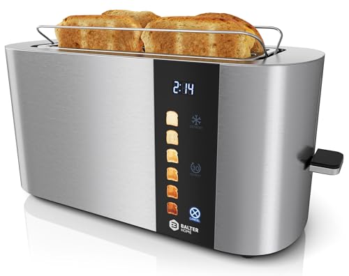 Balter Toaster 4 Scheiben, Touch Bedienung, Langschlitz, Edelstahl, Brötchenaufsatz, LCD Display Langschlitztoaster, Auftaufunktion, Brotzentrierung, TS-34