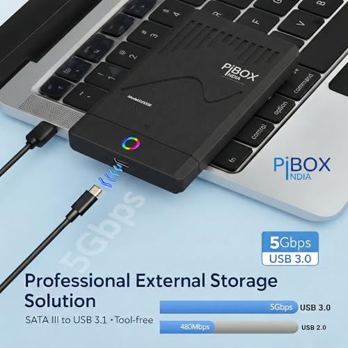 Image of PiBOX 2.5 inch Hard Drive Enclosure RGB LED Type C with OTG Adapter - Retro Casette, PiBOX India 6Gbps USB 3.1 to SATA III Tool-Free External Hard Drive Enclosure for 7mm /9.5mm SSD Laptop HDD UASP