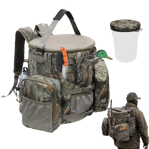 Waterproof Hunting Bucket Backpack with Seat, Dove Hunting Accessories, Camo Backpack with 5-Gallon Bucket Lid, for Rifle Bow Shotgun(Not Including Bucket)
