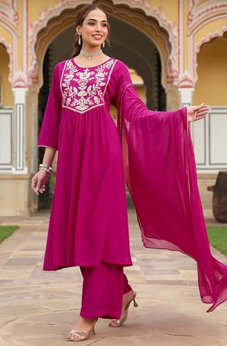 Image of Janasya Women's Georgette Embroidered A-line Kurta with Palazzo Dupatta Set