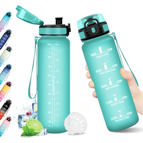 Gourde Sport 1L, Gourde sans BPA, Bouteille Réutilisable, Gourde avec Filtre et Marqueur de Temps, Bouteille Sport Étanche, Bouteille d'eau pour Adulte, Bureau, Fitness, Randonnée, Yoga, Camping