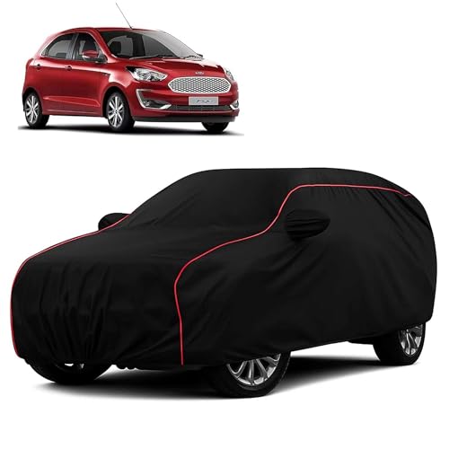 Image of Sulfar 100% Water Resistant Car Body Cover Compatible with Mirror for Ford Figo (Triple Stitched, Full Bottom Elastic, Black with Red Piping)