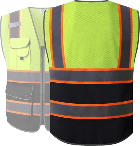 Image of JKSafety 9 Pockets High Visibility Dual Color Zipper Front MESH Lite Safety Vest | Orange Color Triming Reflective Strip | ANSI /ISEA Standards (100-Yellow-Black, S)