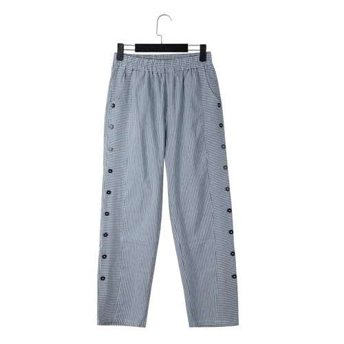 Women's Casual Pants Striped Side Button Elastic Waist Trendy Pants Straight Leg Baggy Trousers with Pocket4