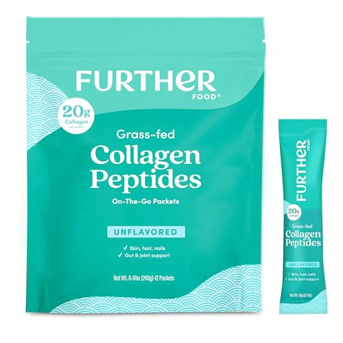 Further Food Unflavored Collagen Peptides Powder - 100% Grass-Fed Hydrolyzed Type 1 & 3 20g of Collagen per Serving Supports Skin Hair Nails & Joints Stick Packs 8.47 Oz
