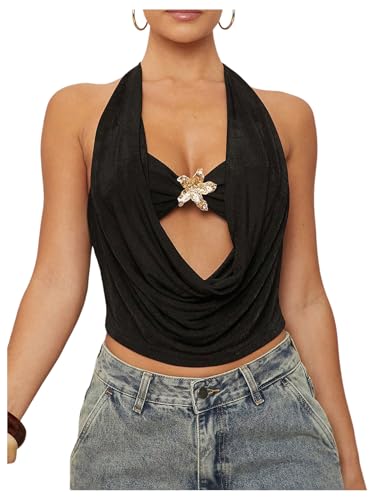 SOLY HUX Women's Halter Top Cut Out Draped Front Sleeveless Tie Backless Crop Tank Tops