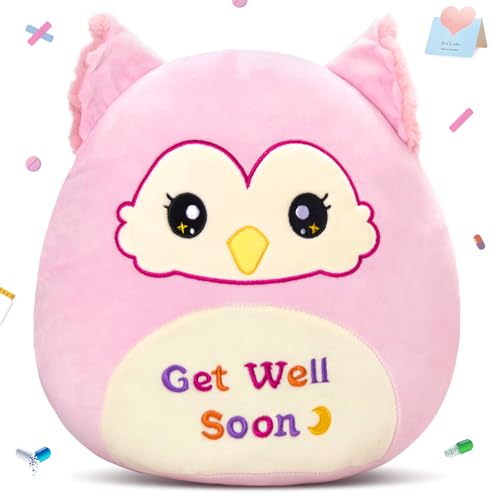 WEWILL Get Well Soon Owl Plush Pillow, 12 Inch, Soft Pink Owl Stuffed Animal for Comfort and Healing, Get Well Gift for Kids Girls