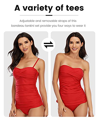 Image of Shuangyu Women's Twist Front Bandeau Tankini Set Two Pieces Ruched Tummy Control Suimsuit with Mid Waist Briefs