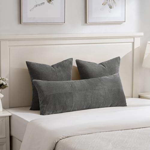 Image of Fancy Homi 2 Packs Dark Gray Decorative Throw Pillow Covers 18x18 Inch for Living Room Couch Sofa, Rustic Farmhouse Boho Home Decor, Soft Corss Corduroy Patchwork Textured Square Cushion Case 45x45 cm