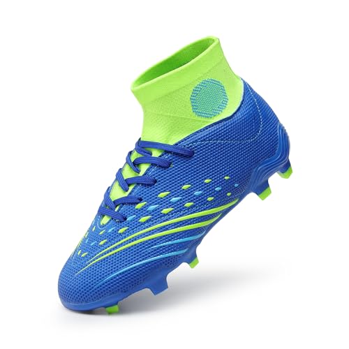 DREAM PAIRS Boys Girls Football Cleats Youth Firm Groud Outdoor Trainning Athletic Sport High Top Soccer Shoes for Little/Big Kid 11 Little Kid Navy/Neon Green