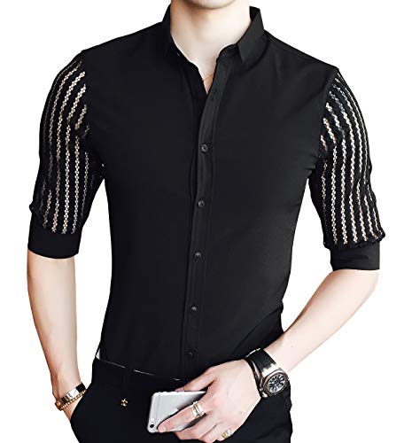OUYE Men's Sexy Casual Half Sleeve Slim Fit Shirt Large Black See Through Sleeve