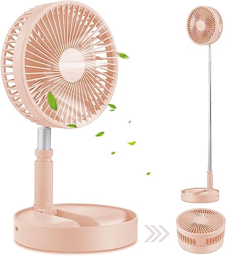 Foldaway Stand Fan Rechargeable Fan Ultra Lightweight Portable Fan, Desk and Table Fan with Adjustable Height with 4 Speed Modes for Outdoor Camping Travel, Home, Office, Bedroom, Kitchen, (Pink)