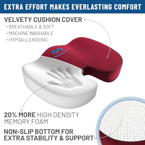 Image of Everlasting Comfort Doctor Recommended Memory Foam Seat Cushion for Office Chairs & Car - Ergonomic Office Desk Accessories - Cushions for Tailbone Pain Relief, Sciatica (Red, Large)