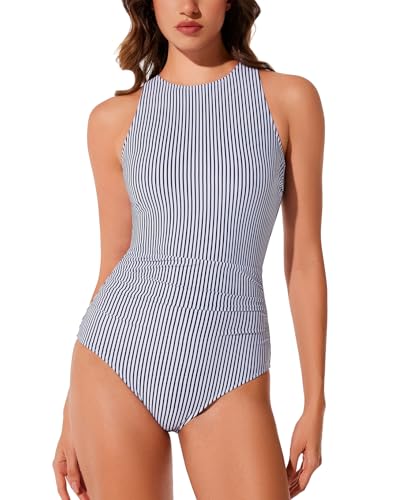 RXRXCOCO Women Tummy Control One Piece Swimsuit Bathing Suit 2026 Ruched High Neck Full Coverage Slimming Beach Swimwear L