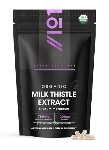 ALPHA01 Organic Milk Thistle Extract 7500mg – 80% Silymarin Flavonoids – 30:1 Extract – 60 Vegan Capsules - Standardized and Concentrated 30X Extract