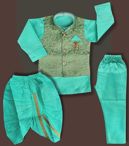 Image of Little Kids Ethnic Wear Kurta Pyjama and Waistcoat Set For Boys | Stylish Ethnic Wear | 3-piece set | Silk and Cotton Blend Fabric