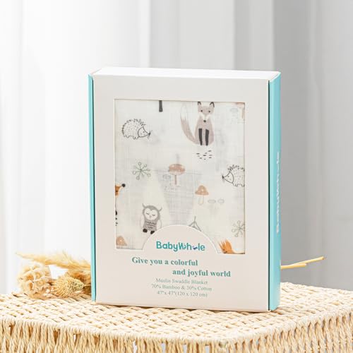 Image of BabyWhale Muslin Swaddle Blanket with Hat and Headband Bow, Animals Print Swaddle Set for Baby Boys ＆ Girls, Newborn Soft Receiving Blanket Wrap, Owls, Foxes, Hedgehogs Pattern, 47x47 inches