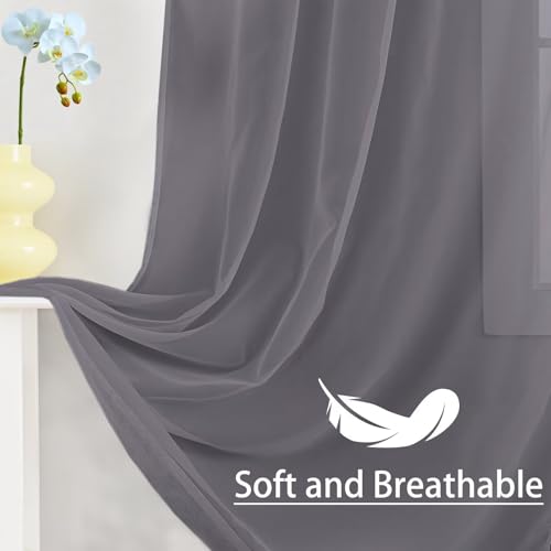 Rideaux semi-voile pour salon lumineux, voilage gris passe-tringle de 243 cm pour chambre