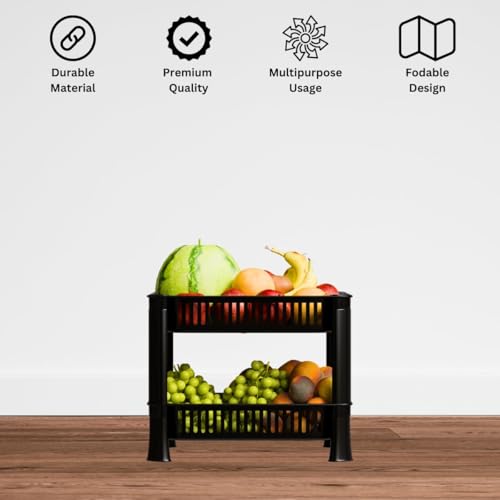 Image of Multipurpose Plastic Storage Rack for Kitchen | Foldable Vegetable & Fruit Organizer Stand for Onion, Potato, Sabji | Countertop Multi-Layer Basket Rack for Home, (Black, 2 layer)