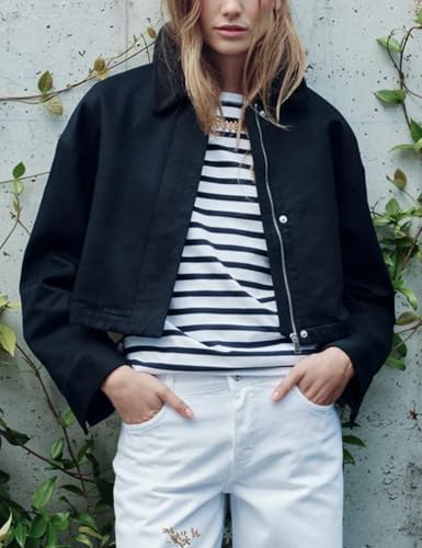 Women's Cropped Jacket Long Sleeve Zip Up Corduroy Collar Jackets Outwear with Pockets2