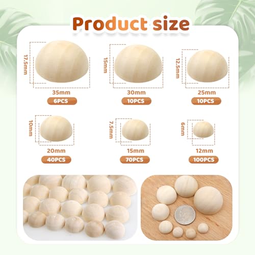 TOAOB 236 Pieces Half Wooden Beads Natural Unfinished Wooden Half Beads 12mm to 35mm Split Round Hemisphere Wood Ball for Painting DIY Jewellery Making Crafts - Image 2