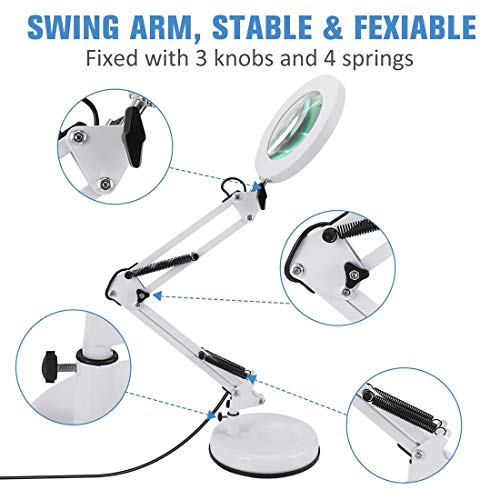 LANCOSC 2-in-1 Magnifying Glass with Light and Stand, 5X Real Glass Lens 3 Color Modes Stepless Dimmable, Adjustable LED Lighted Magnifier Desk Lamp with Clamp for Reading, Crafts, Close Works - White