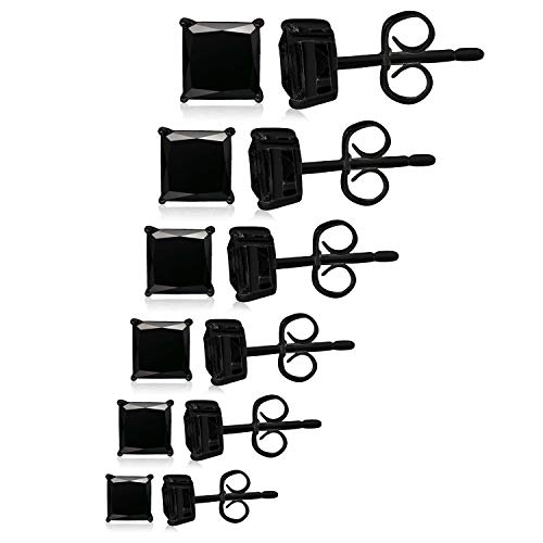 TIONEER Black Plated Sterling Silver Cubic Zirconia Princess-Cut Solitaire Stud Earrings for Women and Men, Butterfly Push-Back, 4mm-9mm, 6-Piece Set