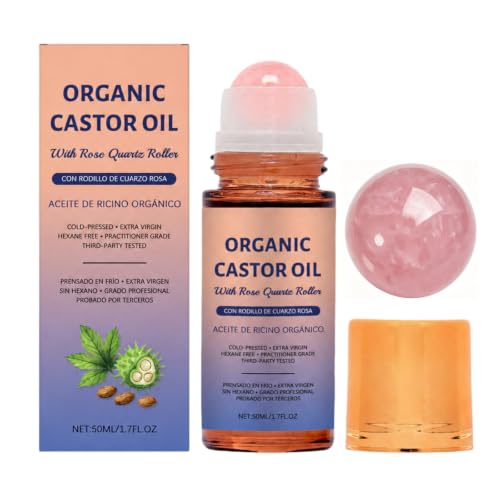 BXHSYD Organic Castor Oil Rose Quartz Roller Ball 100% Pure Cold-Pressed Hexane-Free Organic Castor Oil Rose Quartz Roller Ball Thicker Lashes Brows & Skin 1.7oz