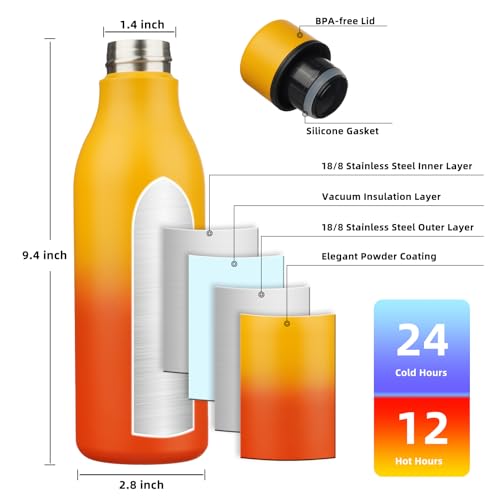 Image of BJPKPK Insulated Water Bottles, 18 oz Stainless Steel Metal Water Bottle with Strap, BPA Free Leak Proof Jugs, Mugs, Flasks, Reusable Thermal Flasks for Sports & Travel, Sunset Orange