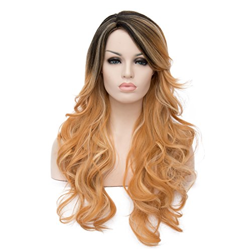 TopWigy Women's 32" Ombre Black Gold Wig Side Parting Wig Long Wave Heat Resistent Hair Synthetic Wig+Wig Cap(Black to Gold)