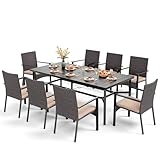 PHI VILLA 9 Pieces Outdoor Dining Set for 8, Large Rectangle Wrought Iron Table with Umbrella Hole & Cushioned Wicker Chairs, Dining Furniture for Patio, Deck, Yard, Porch
