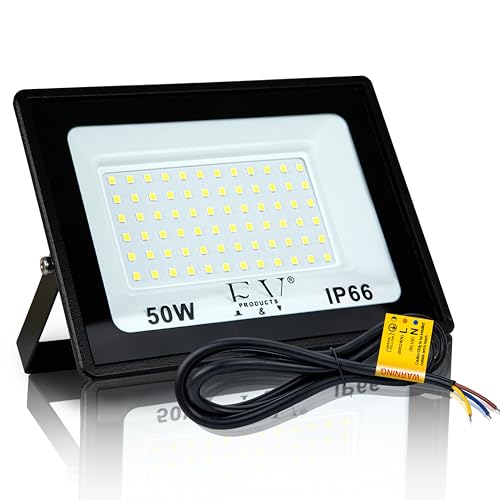 F&V PRODUCTS Faretto LED da Esterno 50W, Luce Bianca Fredda 6500K, 5000 Lumen, Cavo 1 M, IP66, IK08, Alluminio e Vetro Temperato, Faro LED 220V per Illuminazione Esterna, Giardino, Garage, Facciate