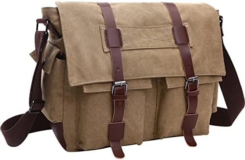 IBLUE Mens X-Large Canvas Messenger Bag Retro Leather Trim Shoulder Bags Laptop Satchel Military Crossbody Bag