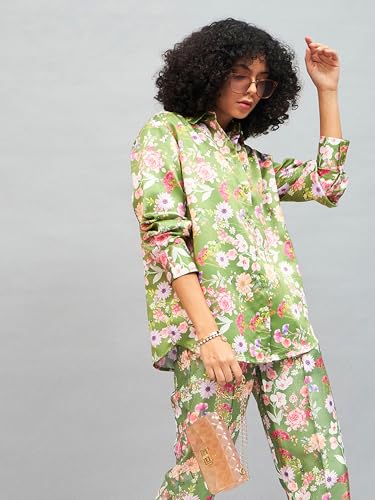 Image of SASSAFRAS Women Satin Floral Oversized Shirt