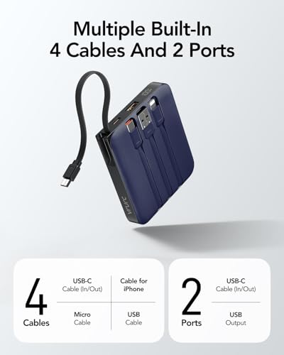Image of VRURC Portable Charger for iPhone, 10000mAh 22.5W Fast Charging Power Bank | with Built-in Cables, LED Display, Battery Pack for iPhone 17 /16 /15 Series, Samsung S26, Travel Essentials (Royal Blue)