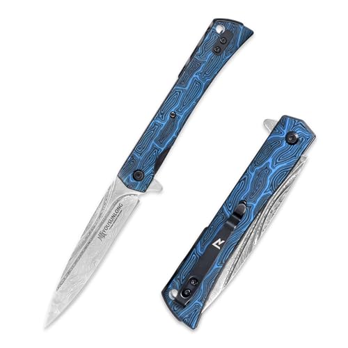 YOUSUNLONG Cuchillo plegable de camping - Hoja de acero Damasco martillado 215mm en total - Textura Damasco Azul Funda G10