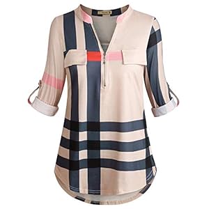 Moyabo-Womens-34-Cuffed-Sleeve-Zipped-V-Neck-Plaid-Tunic-Shirt-Blouses Moyabo Women's 3/4 Cuffed Sleeve Zipped V Neck Plaid Tunic Shirt Blouses