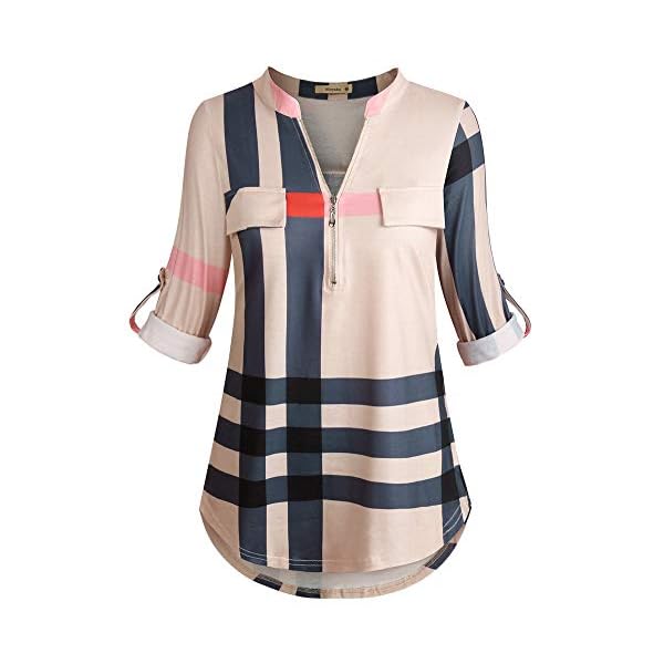 Moyabo-Womens-34-Cuffed-Sleeve-Zipped-V-Neck-Plaid-Tunic-Shirt-Blouses Moyabo Women's 3/4 Cuffed Sleeve Zipped V Neck Plaid Tunic Shirt Blouses