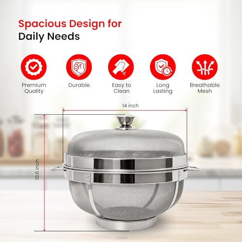 Image of 14 Inch Stainless Steel Fruit Basket with Lid | Includes Free Cleaning Brush and Multi Fiber Cloth | Fruit & Vegetable Storage Basket for Kitchen & Dining Table (XXL 14 Inch)
