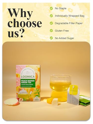 Image of LOOMICA Mango Peach Green Tea, Fruity Tropical Green Tea Blend with Juicy Mango & Sweet Peach, Refreshing Hot or Iced Tea, No Artificial Sugar Added, 20 Count