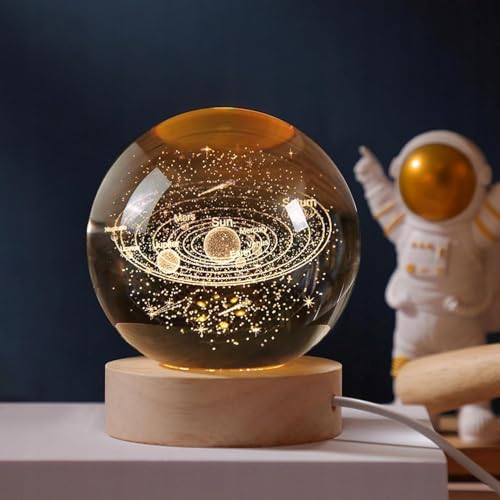 Image of X14STORE 3D Solar System Crystal Ball Night Light, LED Lamp with Wooden Base, Multicolored, Transparent Glass, Energy Efficient, Tabletop Decorative Lamp