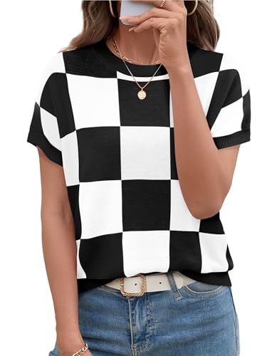 Magritta Fall Knit Sweaters for Women Comfy Pullover Vest Classic Short Sleeve Checkered Shirts Plus Size Tops for Home Business Clothes Black M