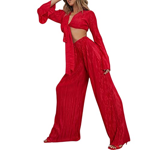 Y2K - Conjuntos de 2 piezas para mujer, camisa de manga larga con botones, pantalones de pierna ancha, holgados, plisados, ropa de calle de verano (rojo, S), A rojo, S Cover