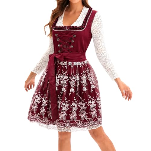 Dirndl tradicional de terciopelo con delantal de encaje para mujer