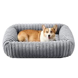 Dog Bed for Medium Dogs, Super Soft Rectangle Washable Dog Beds, Warming Furry Pet Bed with Removable Zipper Cover, Grey, 25 x 21 x 8inch, Suitable for Dogs Under 30lb