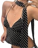 Y2k Polka Dot Tank Top for Women Spaghetti Strap V Neck Halter Crop Top Coquette Backless Cami Scarf Top(Cute Black,Small)