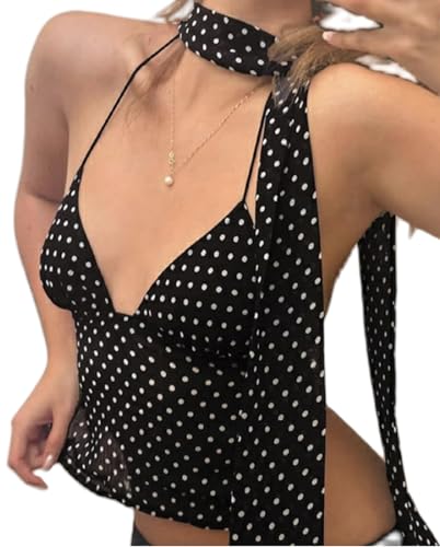 Y2k Polka Dot Tank Top for Women Spaghetti Strap V Neck Halter Crop Top Coquette Backless Cami Scarf Top